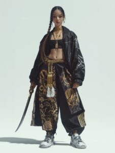 Young Japanese woman, standing confidently in a full-body character design sheet...