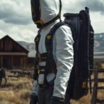 photorealistic cyberpunk tall human wearing white huge oversize sleek functional...