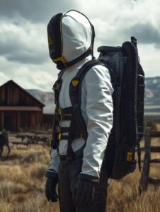 photorealistic cyberpunk tall human wearing white huge oversize sleek functional...