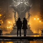 People fountain sculpture rain night#AI #artificial Intelligence…