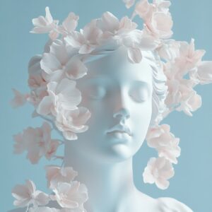 A serene classical sculpture of a woman's head with closed eyes, adorned with so...