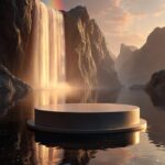 front view to jade stone empty round product podium in front of breathtaking rai...