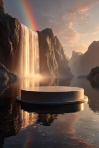 front view to jade stone empty round product podium in front of breathtaking rai...