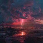 PromptRealistic lightning bolt striking over city skyline...