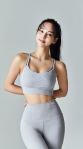 a korean woman in her 20s with a ponytail stands in a relaxed, upright pose in a...