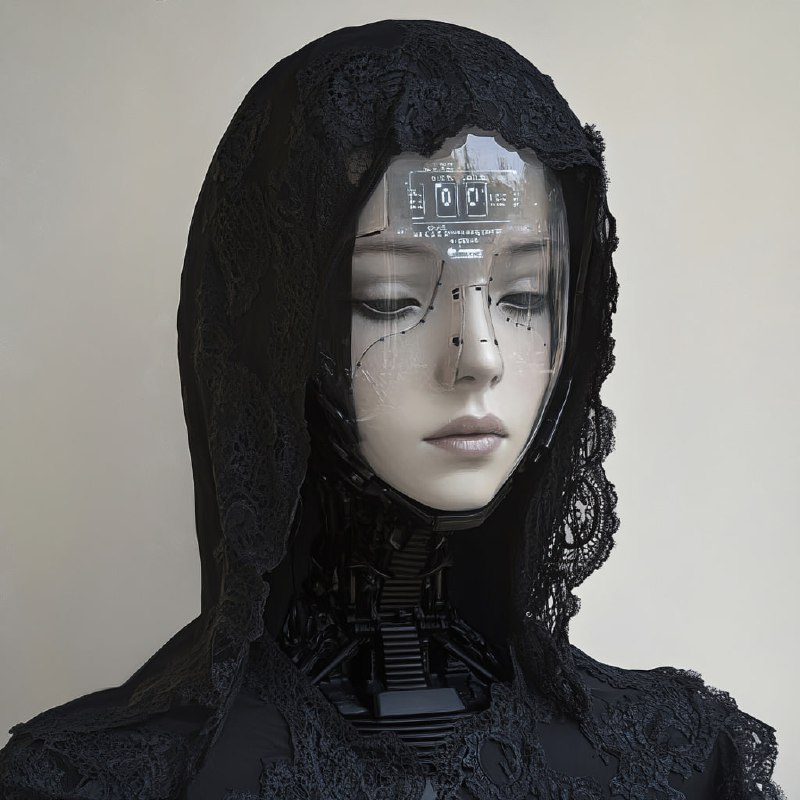 E22XVCzqT_uuQVId_kKRvpQl0uTC7ZETAkGHUIIzaNSiat_Lwu1qNAB451x45F9vqkaOFKH3SPqzo29btvYro_ggDwvz1wuRcS7p.jpeg lace hooded humanoid robot woman with clear glass face digital readout. wearing ...