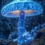 In the secluded and mysterious deep mountains, a huge pale blue mushroom is scat...