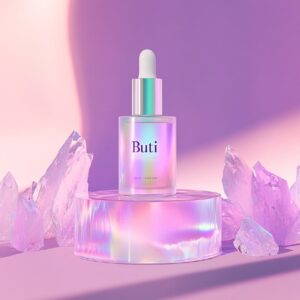 A bottle of skin care product with the brand name "Buti" on it, placed in front ...