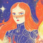 A striking illustrated portrait of a girl embodying the fiery spirit of the Arie...