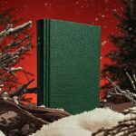 Surreal landscape with green book placed upright on huge brown branches, distant...