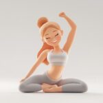 create a minimalistic 3D character illustration of a happy fit woman stretching,...
