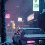 a retro car parked on a nostalgic tokyo street on a foggy snowy night, kodachrom...