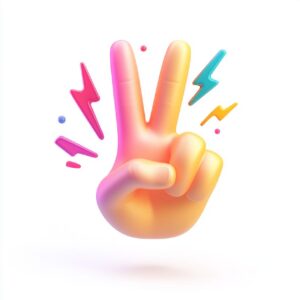 3D icon of a hand showing a peace sign, chubby peach-colored fingers, short fing...