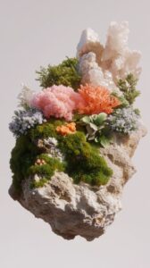 A 3D fragment of rugged limestone floating in mid-air, covered with green moss, ...