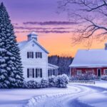 A beautiful painting of an old white house with black shutters, next to it is a ...