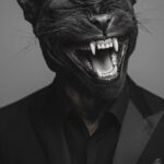 Photograph of an happy black panther head with a human body, white skin, and a b...