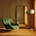 ROOM WITH OCHRE CARPETING A BEIGE CURTAIN WITH A GREEN 70S ARMCHAIR AND A WHITE ...