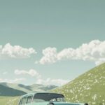 3D illustration of a vintage car parked on the grassland, surrounded by rolling ...