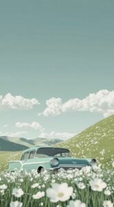 3D illustration of a vintage car parked on the grassland, surrounded by rolling ...