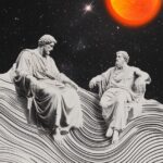 A surreal collage of Plato and Aristotle floating in deep space, surrounded by g...