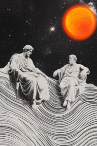 A surreal collage of Plato and Aristotle floating in deep space, surrounded by g...
