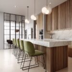 Modern luxurious kitchen with marble island, vertical wooden slat paneling, mini...