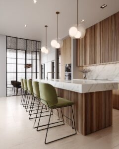 Modern luxurious kitchen with marble island, vertical wooden slat paneling, mini...