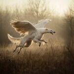 white greyhound dog, eagle feathers instead of fur, runs in the morning foggy fi...