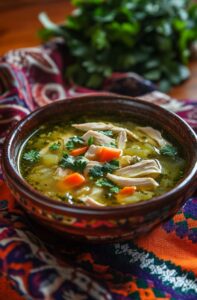 A bowl of chicken and vegetable soup with green oil, in front of which is a colo...