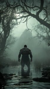 Hercules, the legendary hero, arriving at the dark, mist-covered swamps of Lerna...