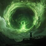 A cosmic void with a glowing green portal slowly opening. The portal’s edges shi...