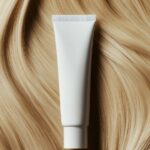 A white tube of shampoo is placed on the long, blonde hair, with a simple backgr...
