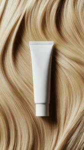 A white tube of shampoo is placed on the long, blonde hair, with a simple backgr...