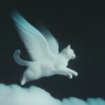 A white cat with angel wings, soaring gracefully through a twilight sky, clouds ...