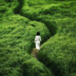 a striking scene of a young woman walking down a winding path surrounded by vibr...