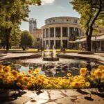 City people fountain flower bed houses architectureб...