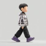 Side view of 3D walking boy wearing glossy chrome metal down jacket and black ca...