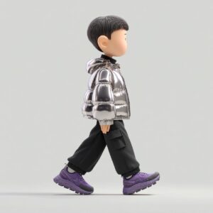 Side view of 3D walking boy wearing glossy chrome metal down jacket and black ca...