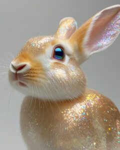 Hyperrealistic portrait of a bunny rabbit with irridescent shimmering sequin fur...