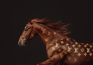 Large brown moth with Louis Vuitton branded wings. Against a dark background --p...