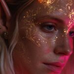 A radiant starlight elf with glowing golden horns, her intricate facial tattoos ...