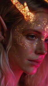 A radiant starlight elf with glowing golden horns, her intricate facial tattoos ...
