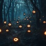 A hundred of glowing devil eyes appear in the very dark night forest. Creepy and...