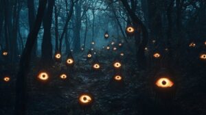 A hundred of glowing devil eyes appear in the very dark night forest. Creepy and...