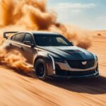 Cadillac CT5 with big high rally car tyres, driving fast on dessert --ar 16:9 --...