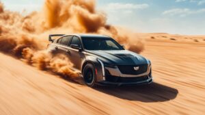 Cadillac CT5 with big high rally car tyres, driving fast on dessert --ar 16:9 --...
