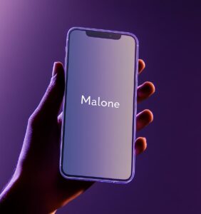 A hand holding an iPhone with the design of its logo "Malone" displayed on it, a...