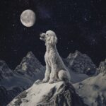 CREATE ME AN IMAGE OF A Poodle breed DOG on the peak of a mountain howling at th...