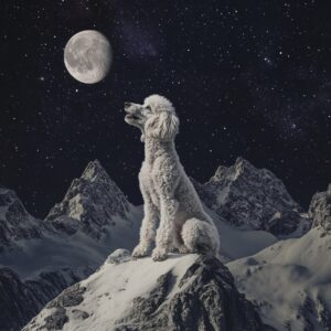 CREATE ME AN IMAGE OF A Poodle breed DOG on the peak of a mountain howling at th...