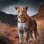 extreame wide angle shot of a leopard standing in the middle of a studio backgro...